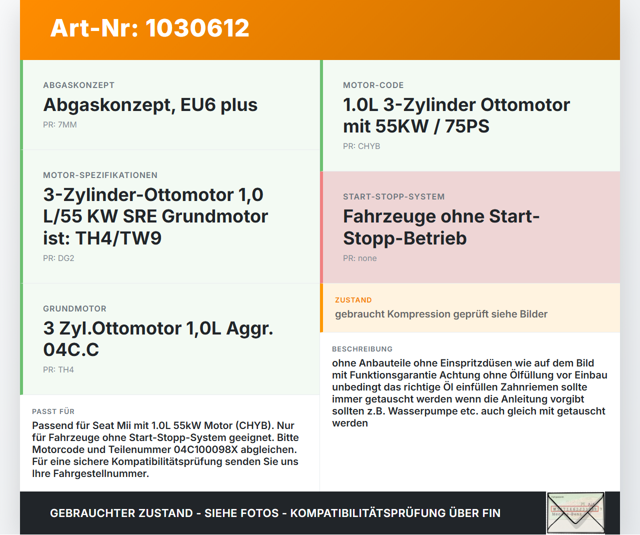 Seat Mii KF1 11-16 1,0 55KW CHYB Motor Triebwerk Seat Mii KF1 11-16 30.03.2016 04C100098X 04C103207 CHYA90978... Vorschau 3
