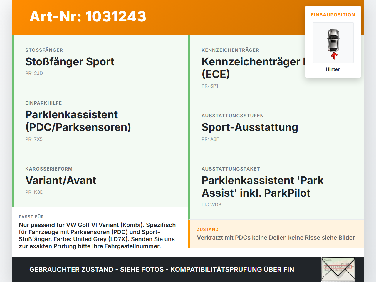 VW Golf VI 6 1K Variant 09-13 Stoßstange Stoßfänger Heckstosstange Hinten LD7X VW Golf VI 6 1K Variant 09-13... Vorschau 3