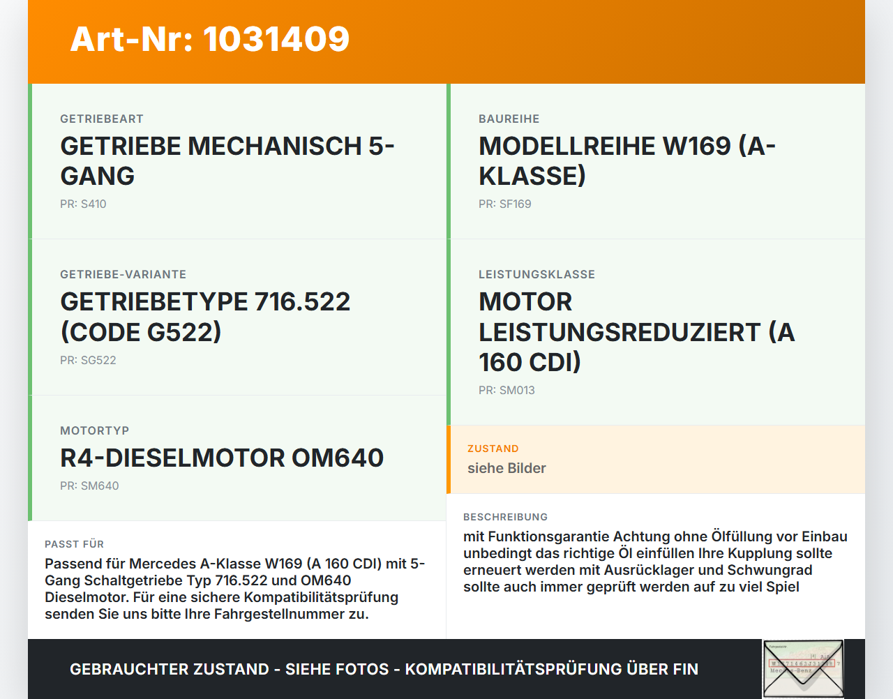 Mercedes A160 W169 08-12 CDI 1,5 60KW 716522 Schaltgetriebe Getriebe Mercedes A160 W169 08-12 22.09.2010... Vorschau 3