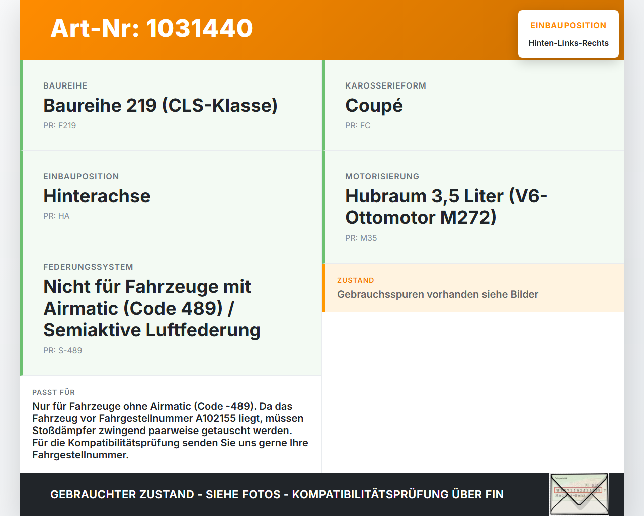 Mercedes C219 CLS 350 04-08 Coupe Stossdämpfer Hinten Beide Links und Rechts Mercedes C219 CLS 350 04-08 09.12.2005... Vorschau 3