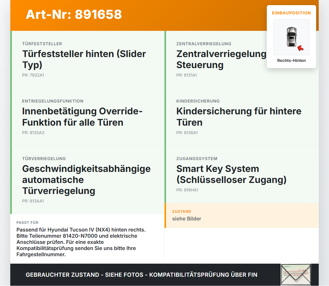 Hyundai Tucson IV NX4 20-23 Türschloss m. ZV Stellmotor Rechts Hinten Hyundai Tucson IV NX4 20-23 31.08.2021... Vorschau 3