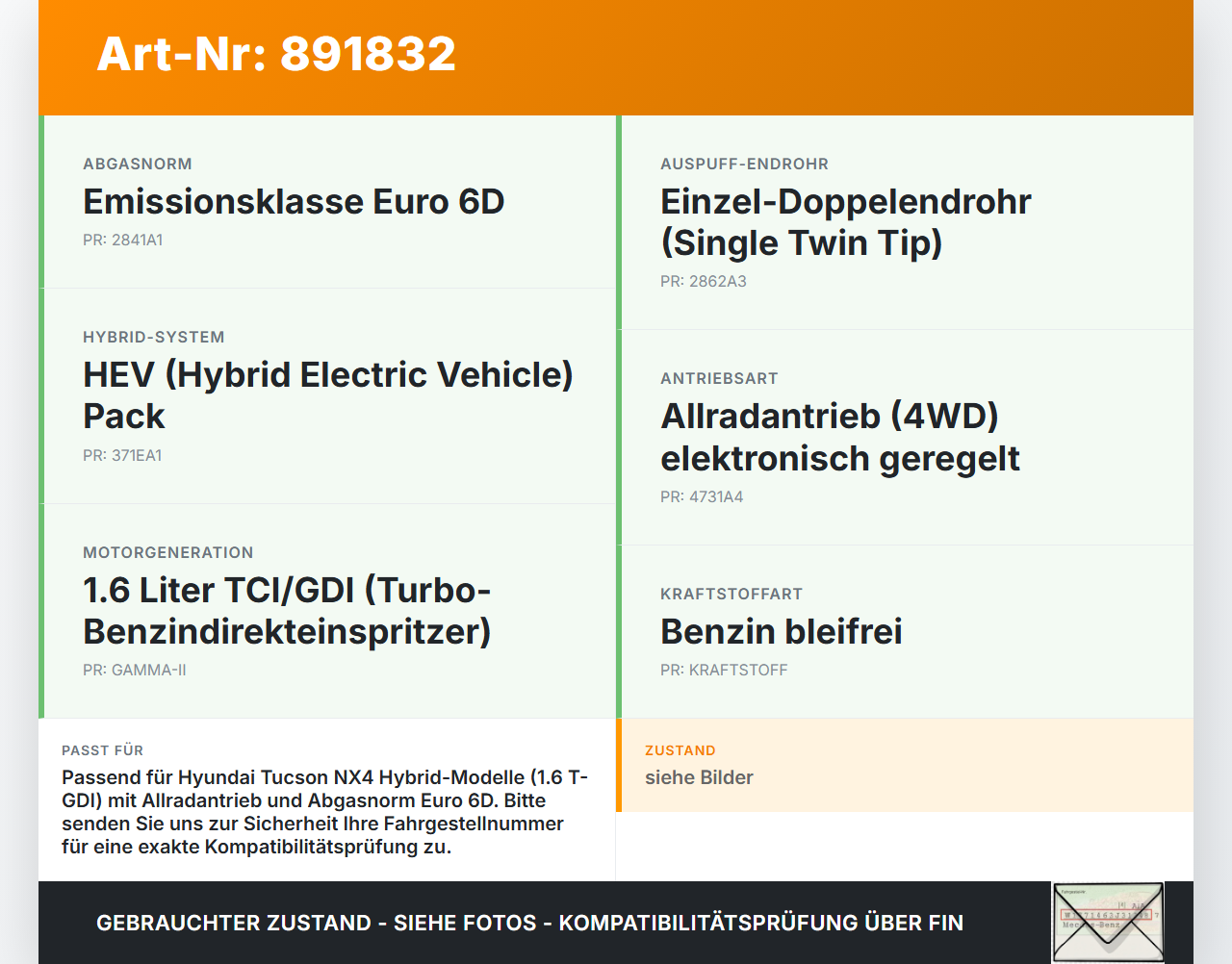 Hyundai Tucson IV NX4 20-23 Hybrid Hyb 1,6 132KW Katalysator Kat Hyundai Tucson IV NX4 20-23 31.08.2021 gebraucht Vorschau 3