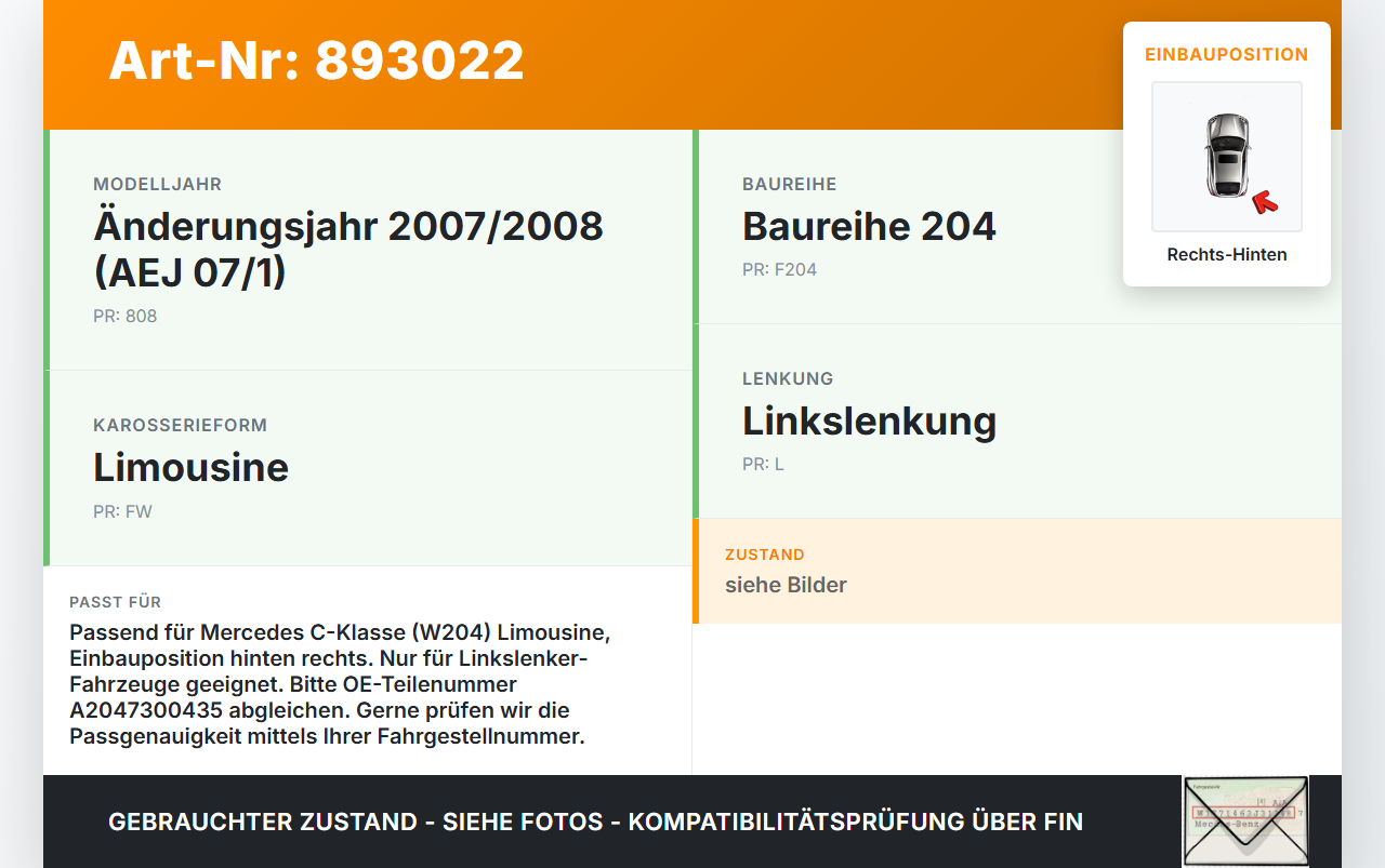 Mercedes W204 07-11 Lim Türschloss m. ZV Stellmotor Rechts Hinten Mercedes W204 07-11 26.10.2007 A2047300435 gebraucht Vorschau 3