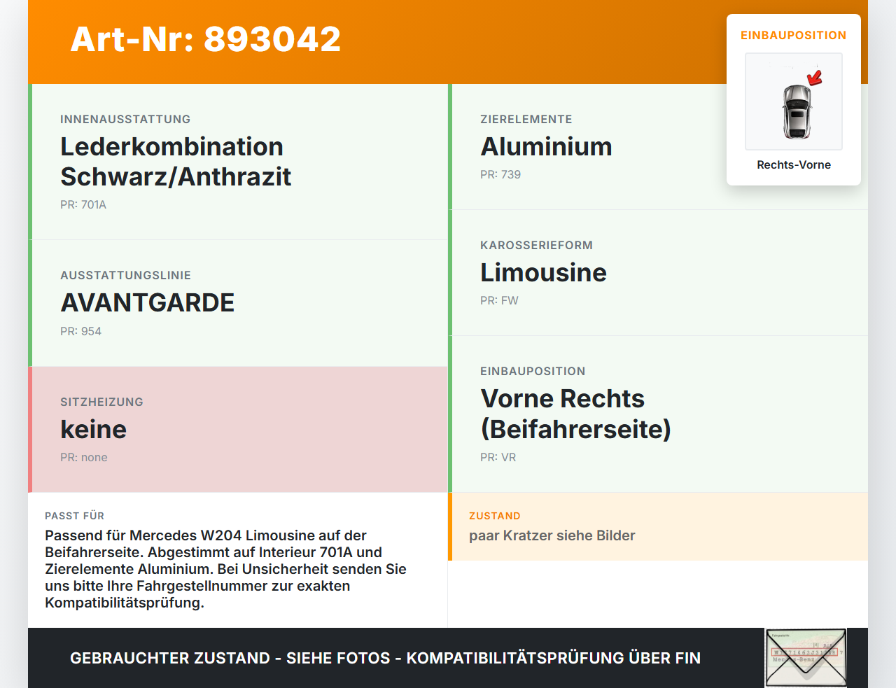 Mercedes W204 07-11 Sitzverstellung Schalter Rechts Vorne Mercedes W204 07-11 26.10.2007 A2048709010 03463875 gebraucht Vorschau 3