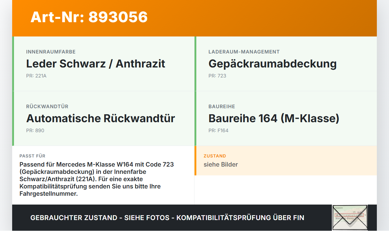 Mercedes W164 ML320 08-11 Laderaumabdeckung Laderaumrollo Mercedes W164 ML320 08-11 23.05.2008 A1648100209 gebraucht Vorschau 3