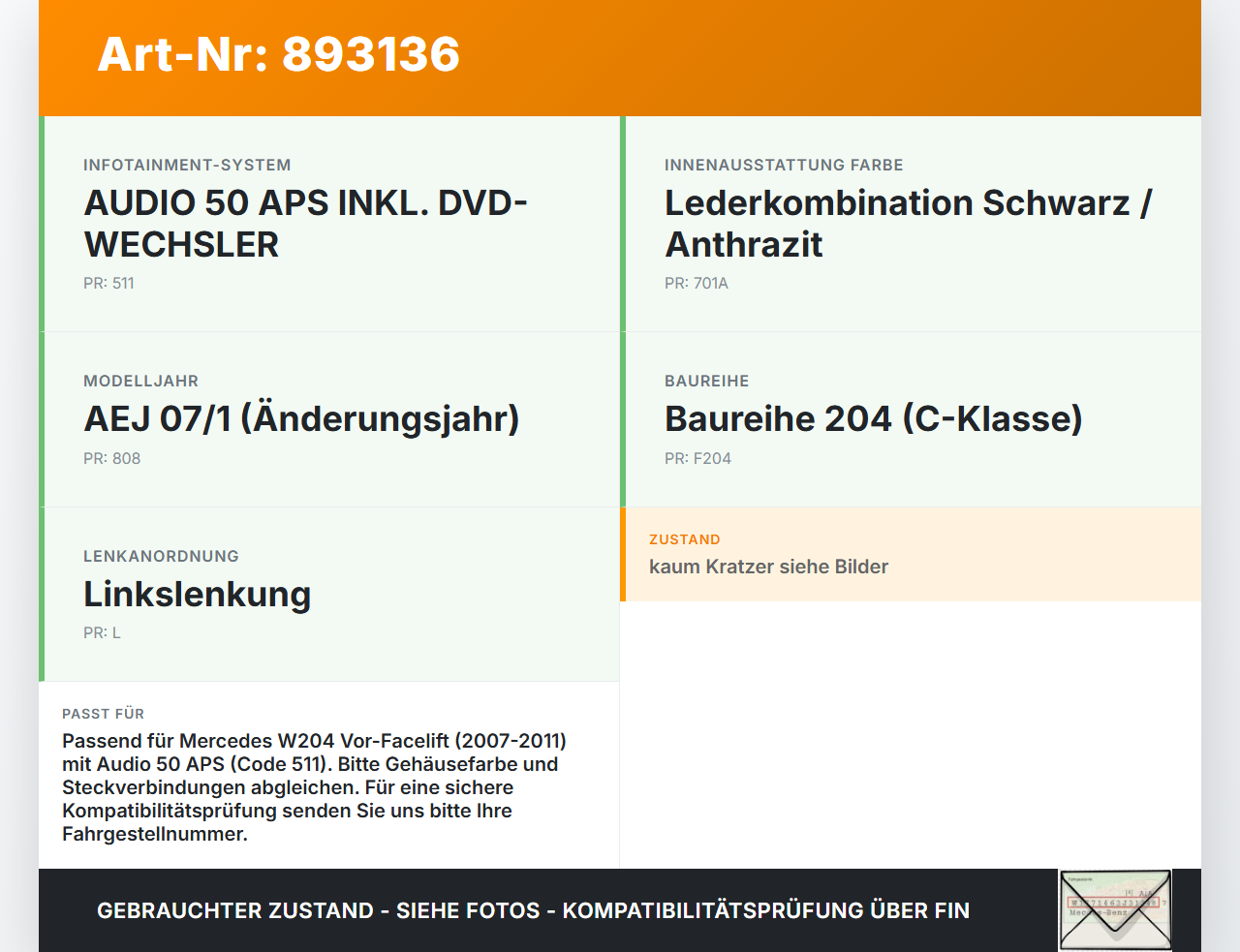 Mercedes W204 07-11 Bildschirm Display Monitor Mercedes W204 07-11 26.10.2007 A2046800931 A2048204297... Vorschau 3