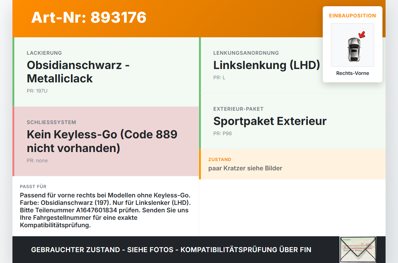 Mercedes W164 ML320 08-11 Türgriff Griff aussen Rechts Vorne 197 Mercedes W164 ML320 08-11 23.05.2008 A1647660201... Vorschau 3