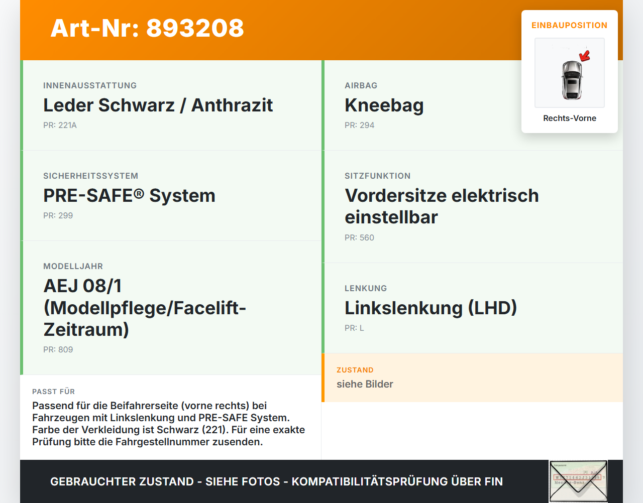 Mercedes W164 ML320 08-11 Gurtstraffer Gurtschloss Beifahrer Rechts Vorne Mercedes W164 ML320 08-11 23.05.2008... Vorschau 3