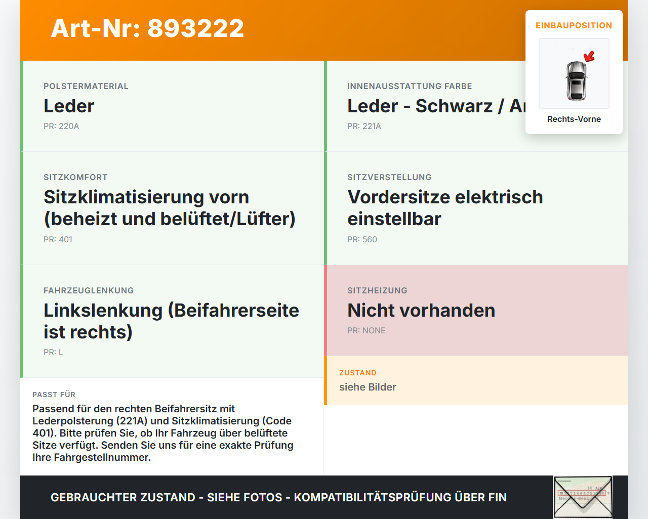 Mercedes W164 ML320 08-11 Rückenpolster Rechts Vorne für Beifahrer Sitz beheizt SRS Lüfter Mercedes W164 ML320... Vorschau 3