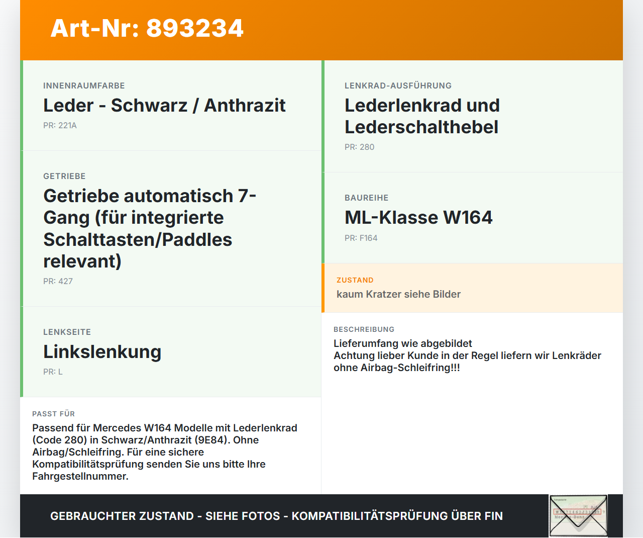 Mercedes W164 ML320 08-11 Lenkrad ohne Airbag Mercedes W164 ML320 08-11 23.05.2008 A1644605803 A16446058039E84 gebraucht Vorschau 3