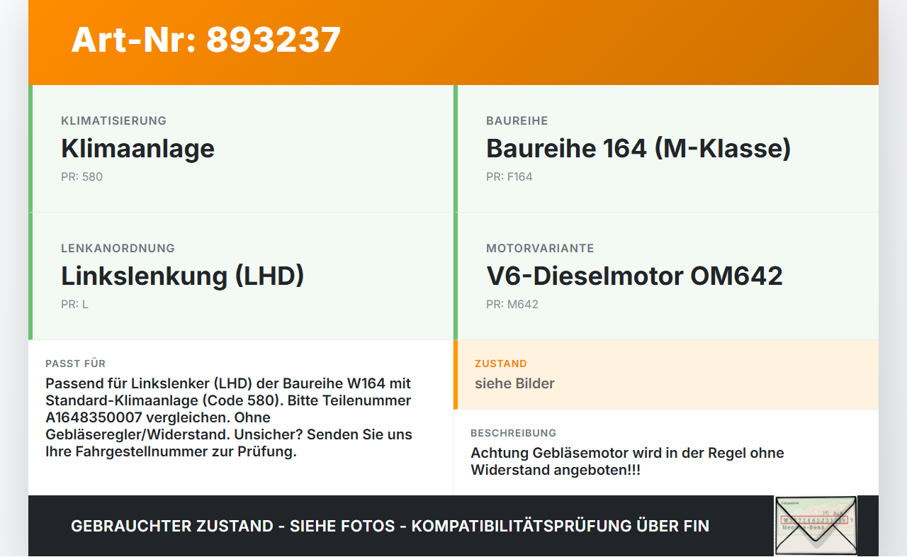 Mercedes W164 ML320 08-11 Gebläsemotor Lüftermotor Heizungsgebläse Mercedes W164 ML320 08-11 23.05.2008 A1648350007... Vorschau 3