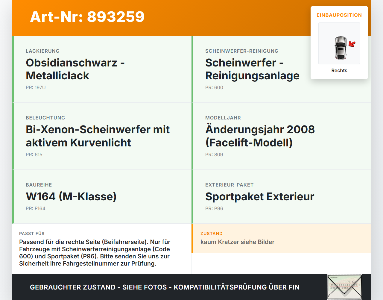 Mercedes W164 ML320 08-11 Frontblende Abdeckung f. Scheinwerfer Waschdüse Rechts Mercedes W164 ML320 08-11... Vorschau 3