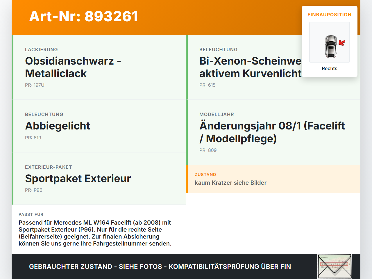 Mercedes W164 ML320 08-11 Front Zierblende Nebelscheinwerfer Rechts Mercedes W164 ML320 08-11 23.05.2008... Vorschau 3