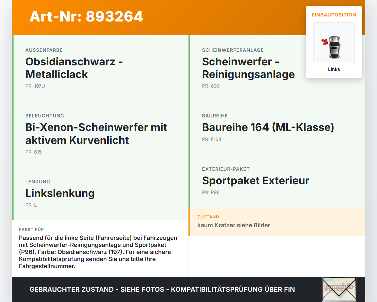 Mercedes W164 ML320 08-11 Frontblende Abdeckung f. Scheinwerfer Waschdüse Links Mercedes W164 ML320 08-11... Vorschau 3