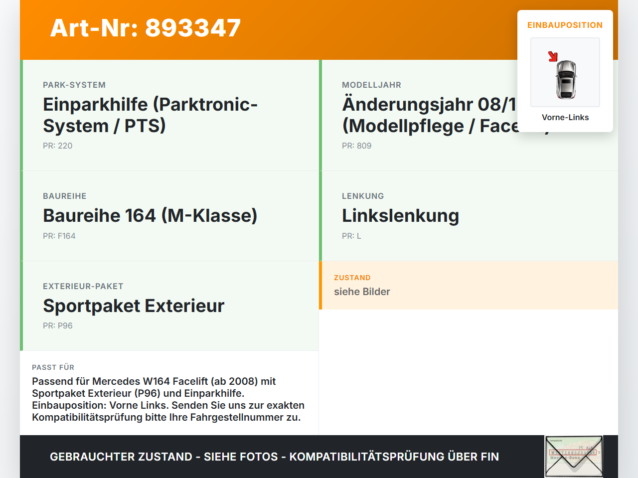 Mercedes W164 ML320 08-11 Pralldämpfer für Träger Stoßstange Vorne Links Mercedes W164 ML320 08-11 23.05.2008 gebraucht Vorschau 3
