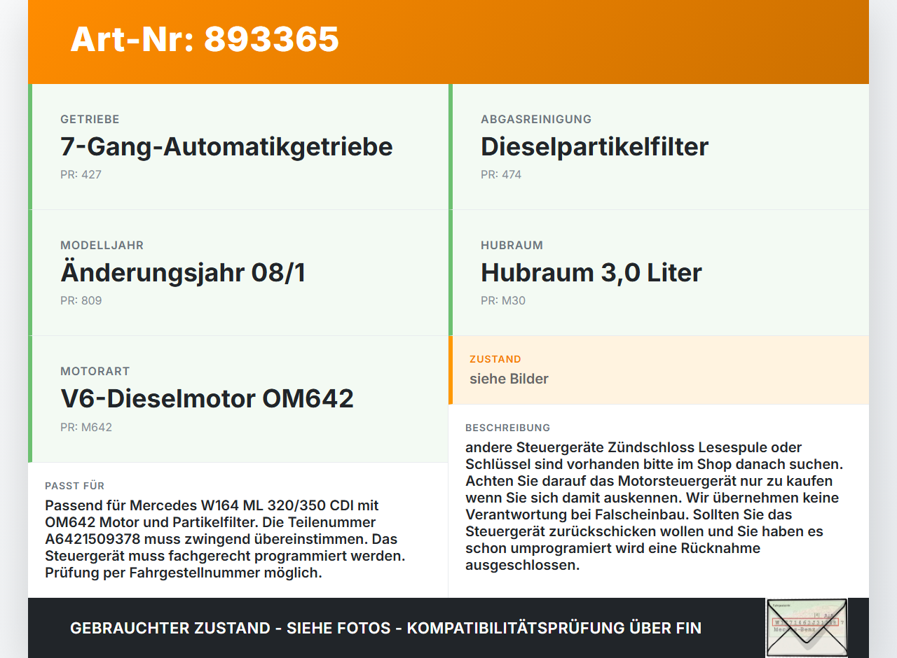 Mercedes W164 ML320 08-11 CDI 3,0 165KW Motor Steuergerät ECU Motorsteuergerät Mercedes W164 ML320 08-11 23.05.2008... Vorschau 3