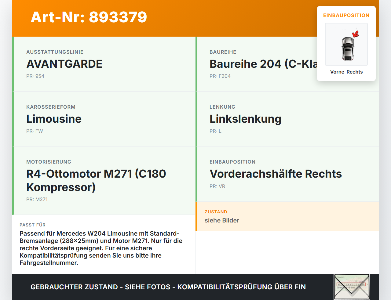 Mercedes W204 07-11 1,8 115KW Bremssattel Bremszange Vorne Rechts 288x25 Mercedes W204 07-11 26.10.2007 A2044212281... Vorschau 3