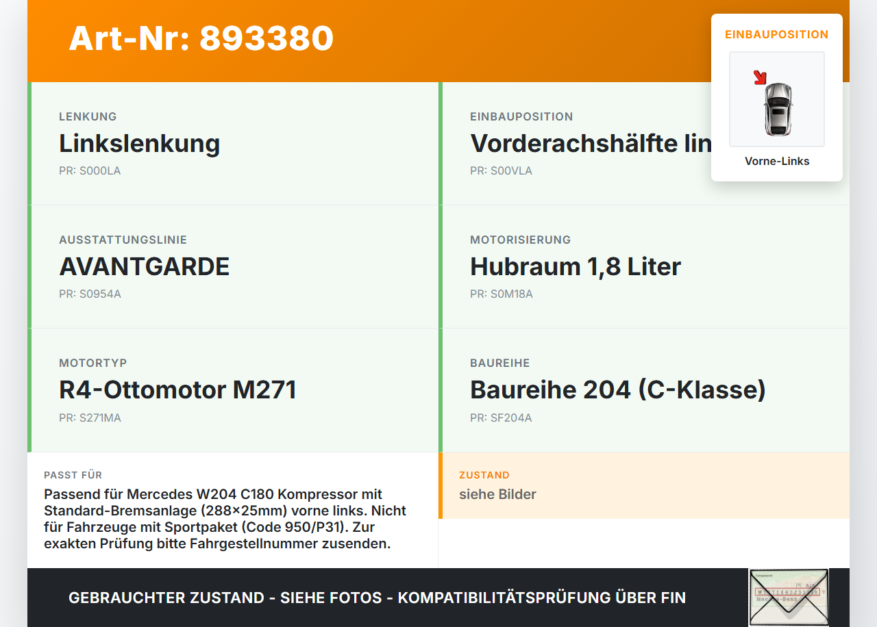 Mercedes W204 07-11 1,8 115KW Bremssattel Bremszange 288X25 Vorne Links Mercedes W204 07-11 26.10.2007 A2044212181... Vorschau 3