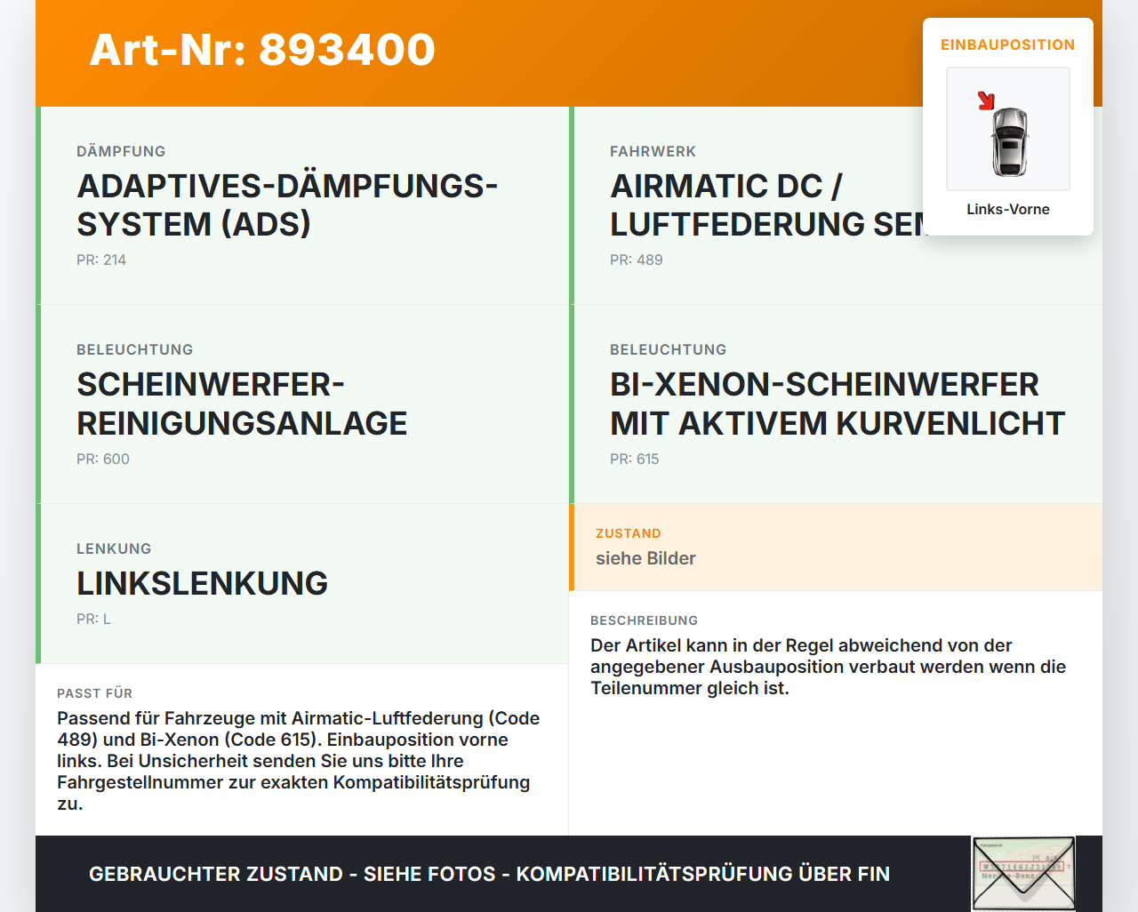 Mercedes W164 ML320 08-11 Xenon LWR Sensor Neigung Niveau Links Vorne Mercedes W164 ML320 08-11 23.05.2008... Vorschau 3