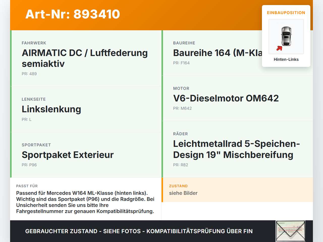 Mercedes W164 ML320 08-11 CDI 3,0 165KW Bremssattel Bremszange Hinten Links Mercedes W164 ML320 08-11 23.05.2008... Vorschau 3
