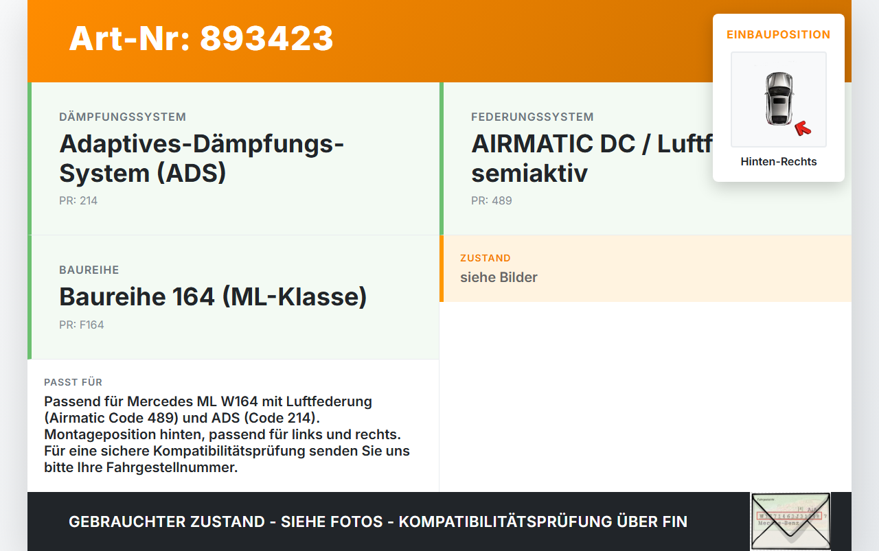 Mercedes W164 ML320 08-11 Feder Hinten Rechts Luftbalg für Luftfahrwerk Mercedes W164 ML320 08-11 23.05.2008... Vorschau 3