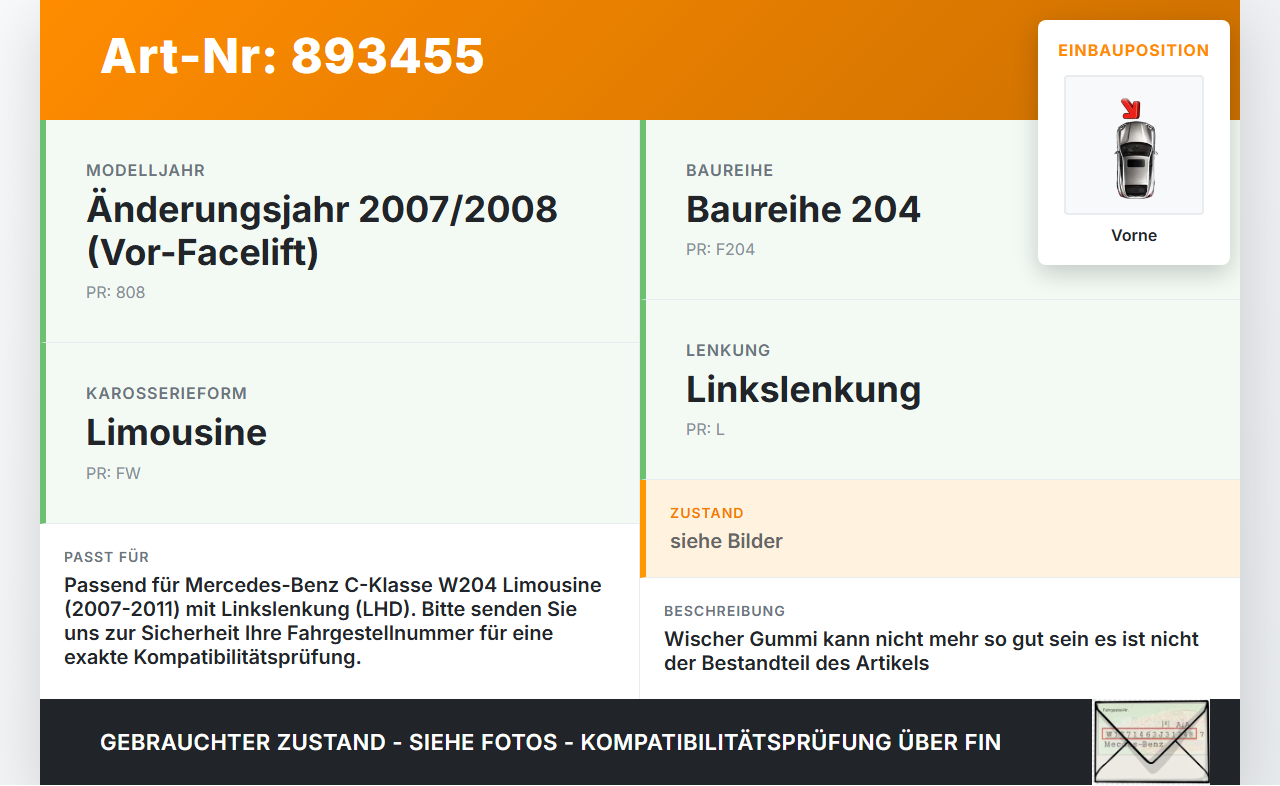 Mercedes W204 07-11 2x Scheibenwischer Wischarm Vorne Mercedes W204 07-11 26.10.2007 A2048200144 gebraucht Vorschau 3