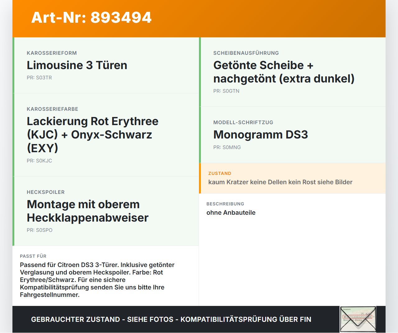 Citroen DS3 10-16 3T Kofferraumdeckel Heckklappe Orig. getönt KJC Citroen DS3 10-16 02.08.2012 8701CV D0T39AS3M435... Vorschau 3