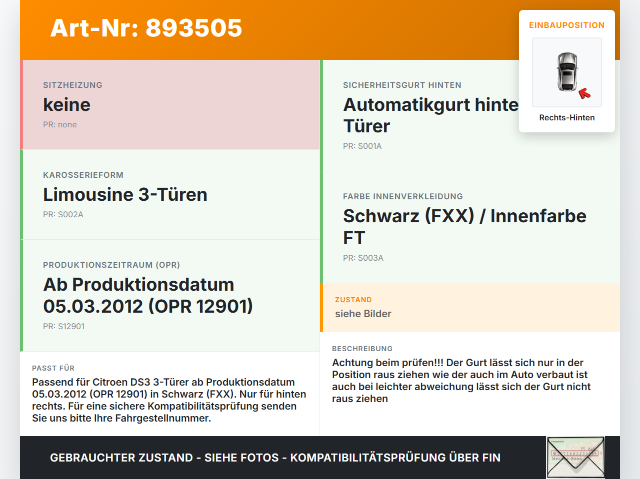 Citroen DS3 10-16 3T Gurt Sicherheitsgurt Rechts Hinten Citroen DS3 10-16 02.08.2012 98019948XX 34141597 gebraucht Vorschau 3