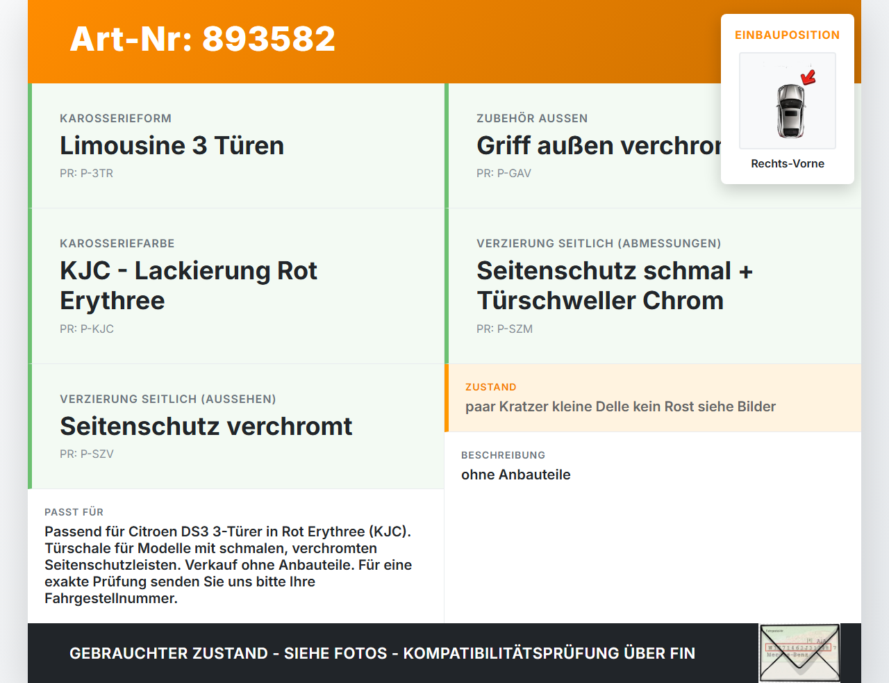 Citroen DS3 10-16 3T Tür Beifahrertür Rechts Vorne KJC Citroen DS3 10-16 02.08.2012 9800008180 gebraucht Vorschau 3