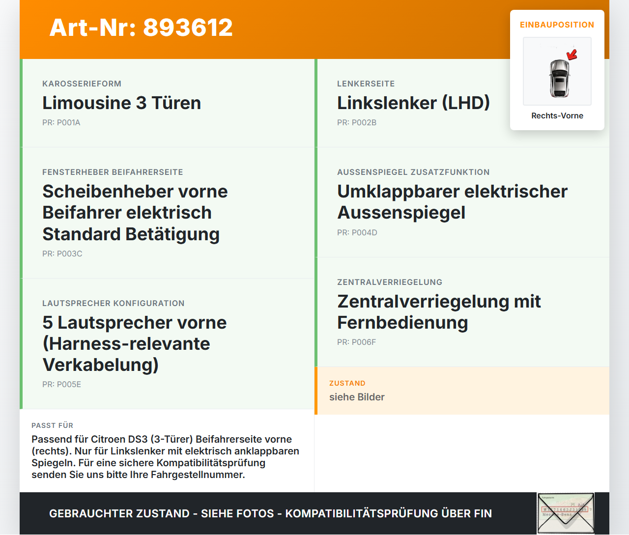 Citroen DS3 10-16 3T Kabelbaum für Tür und Fensterheber Rechts Vorne Citroen DS3 10-16 02.08.2012 9674237780 gebraucht Vorschau 3