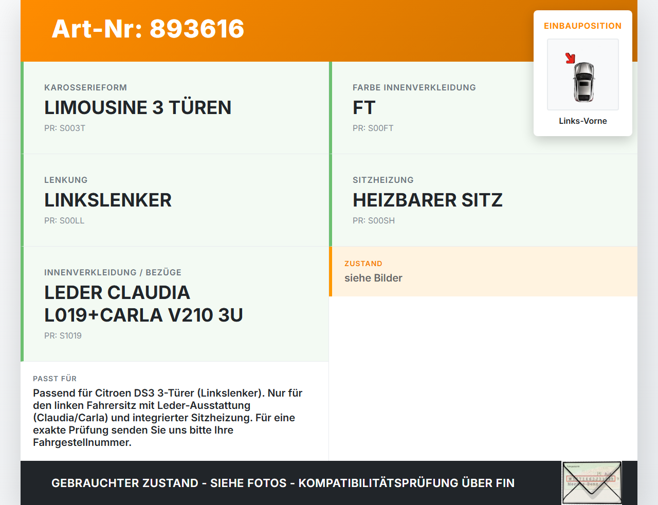 Citroen DS3 10-16 3T Sitzbezug Sitzpolster für Fahrersitz Sitz Links Vorne beheizt Leder Citroen DS3 10-16... Vorschau 3