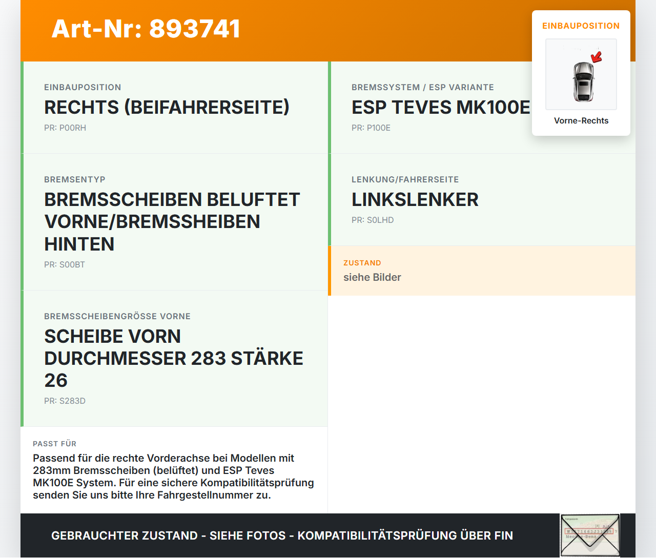 Citroen DS3 10-16 1,6 115KW Bremssattel Bremszange Vorne Rechts Citroen DS3 10-16 02.08.2012 4401P9 gebraucht Vorschau 3