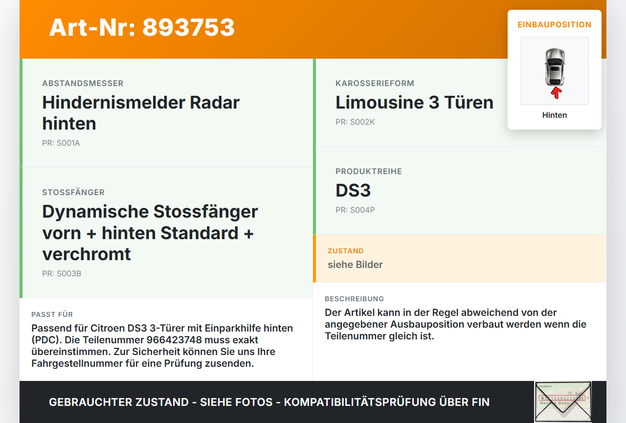 Citroen DS3 10-16 3T PDC Kabelbaum Hinten Citroen DS3 10-16 02.08.2012 966423748 20010125 gebraucht Vorschau 3