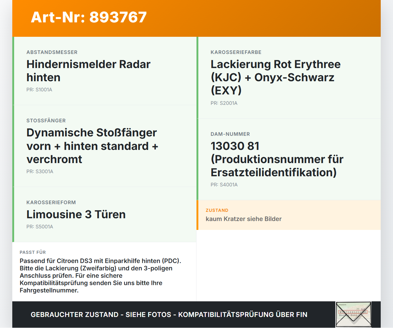 Citroen DS3 10-16 Abstands Sensor Parksensor PDC Pos.H1 Citroen DS3 10-16 02.08.2012 6590JE 9677782977 gebraucht Vorschau 3