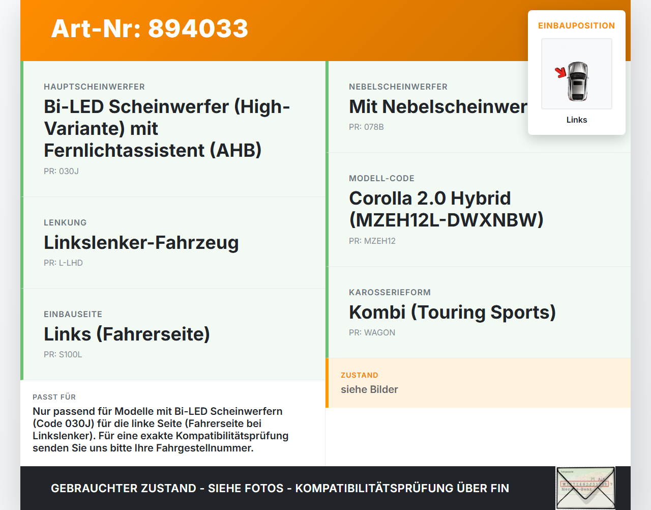Toyota Corolla E21 18-23 Hybrid 2,0 135KW LED Leuchtmittel für Scheinwerfer Links Toyota Corolla E21 18-23... Vorschau 3
