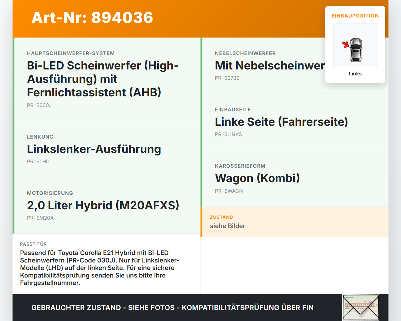 Toyota Corolla E21 18-23 Hybrid 2,0 135KW LED Leuchtmittel für Scheinwerfer Links Toyota Corolla E21 18-23... Vorschau 3
