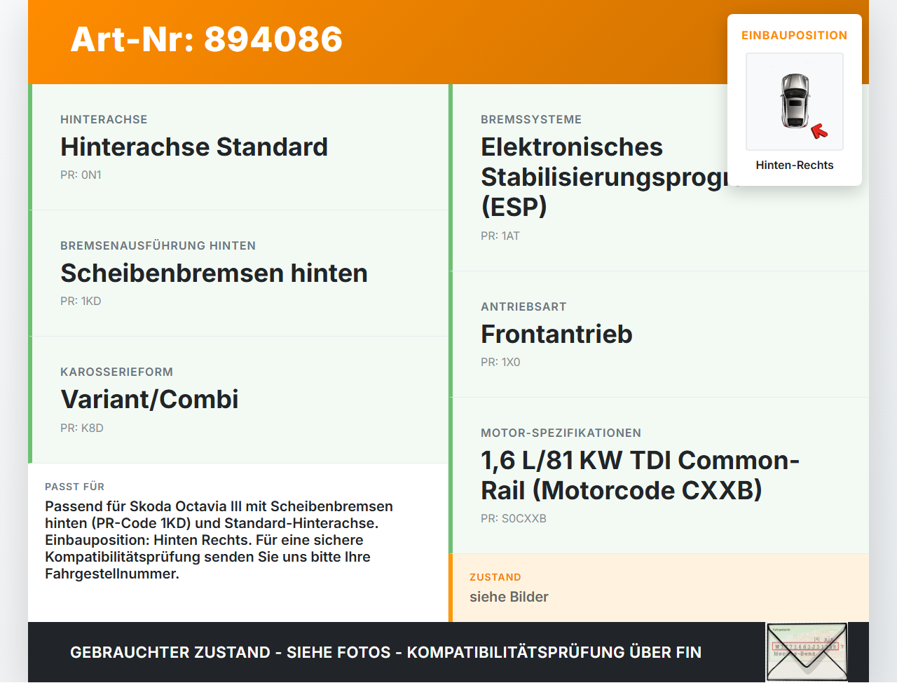 Skoda Octavia III 5E 12-17 1,6 81KW Bremssattel Bremszange Hinten Rechts Skoda Octavia III 5E 12-17 15.01.2016... Vorschau 3