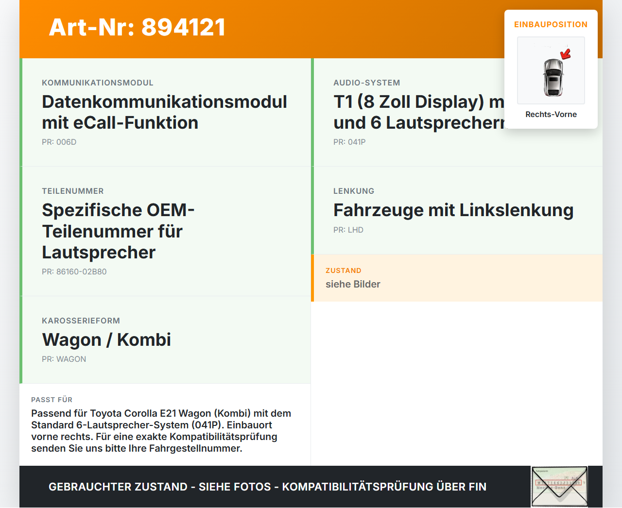Toyota Corolla E21 18-23 Lautsprecher Rechts Vorne Toyota Corolla E21 18-23 01.09.2019 8616002B80 86160-02B80 gebraucht Vorschau 3