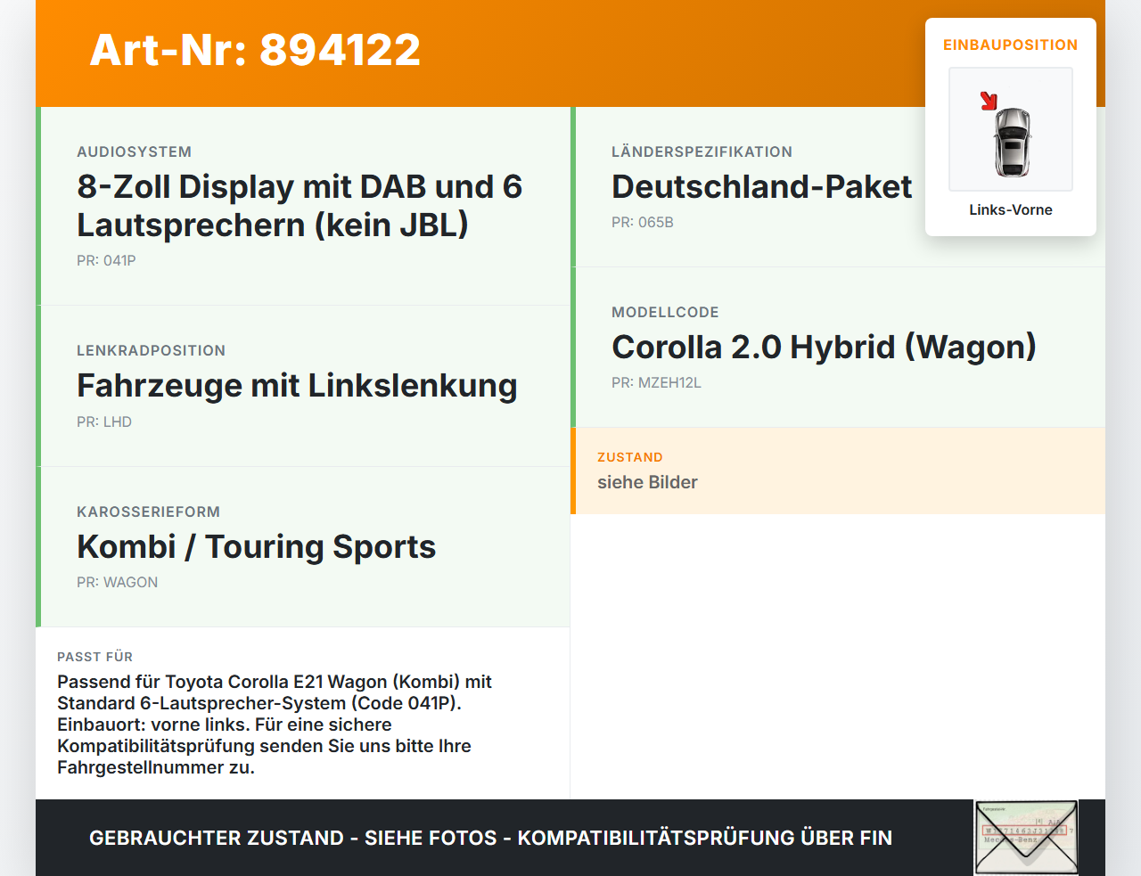 Toyota Corolla E21 18-23 Lautsprecher Links Vorne Toyota Corolla E21 18-23 01.09.2019 8615002160 EAS16P884A gebraucht Vorschau 3