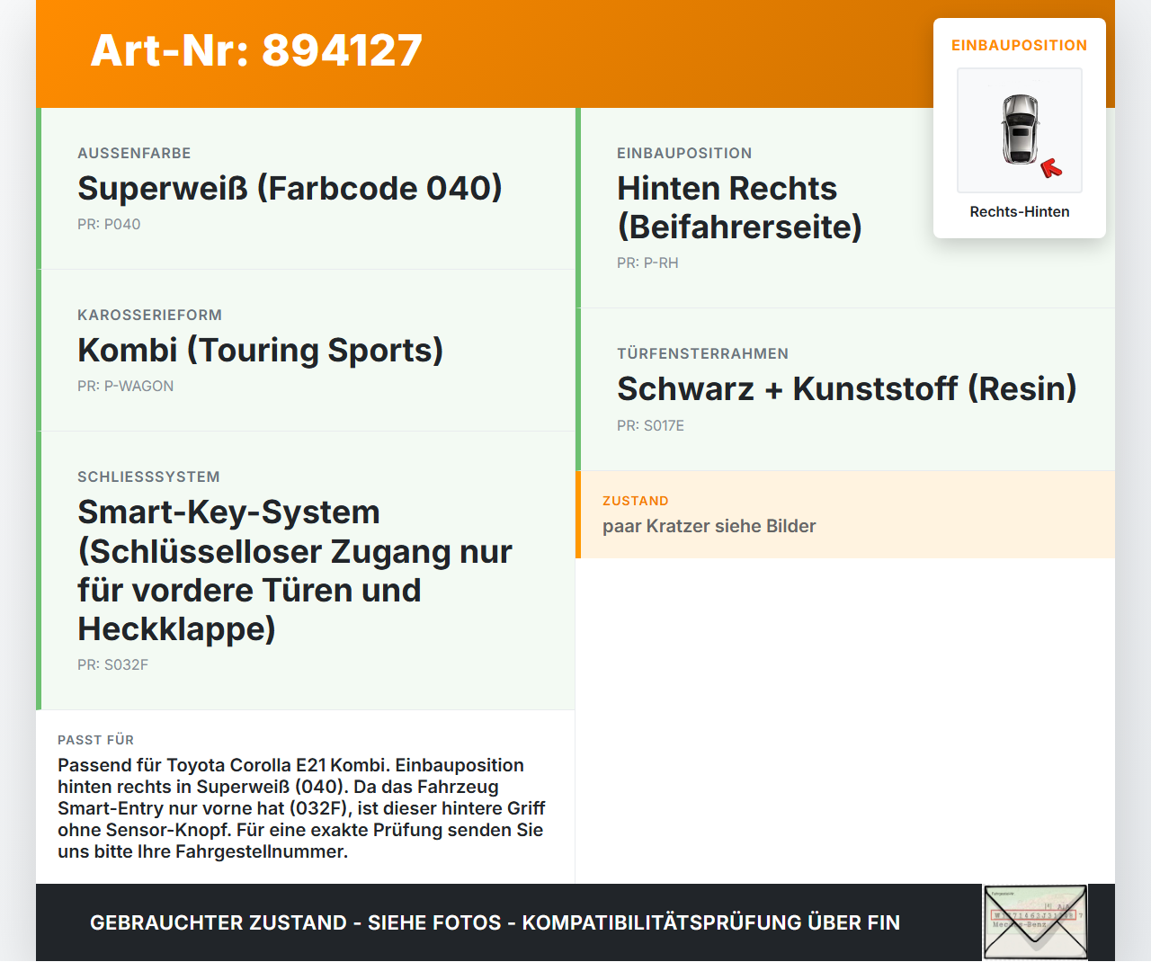 Toyota Corolla E21 18-23 Kombi Türgriff Griff aussen Rechts Hinten 040 Toyota Corolla E21 18-23 01.09.2019... Vorschau 3