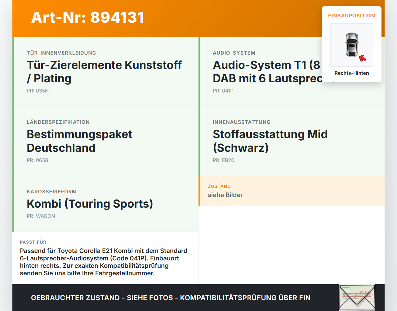Toyota Corolla E21 18-23 Kombi Lautsprecher Rechts Hinten Toyota Corolla E21 18-23 01.09.2019 EAS16P884A gebraucht Vorschau 3