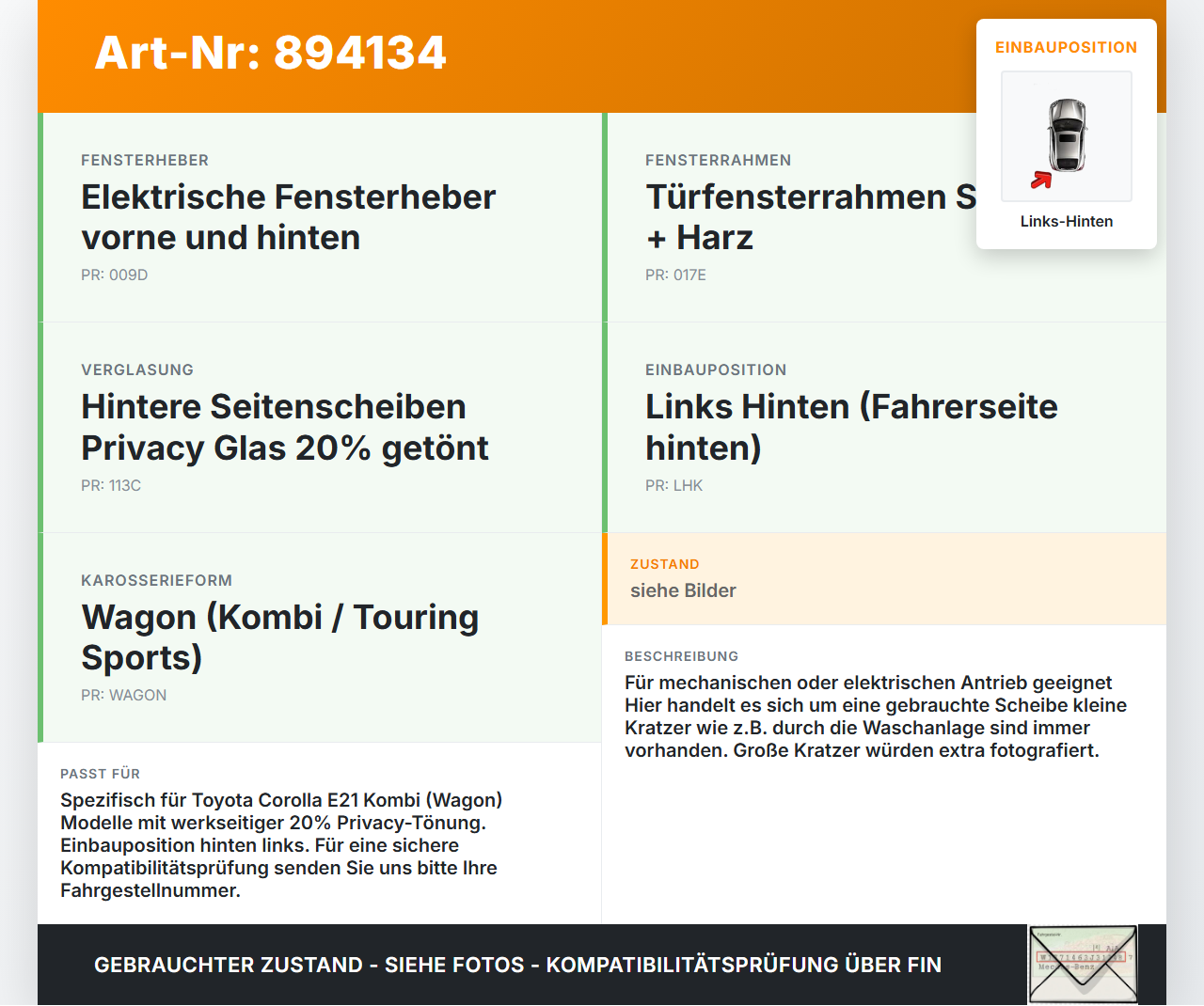 Toyota Corolla E21 18-23 Kombi Seitenscheibe LHK für Tür Fenster Scheibe Links Hinten Orig. getönt Toyota Corolla... Vorschau 3