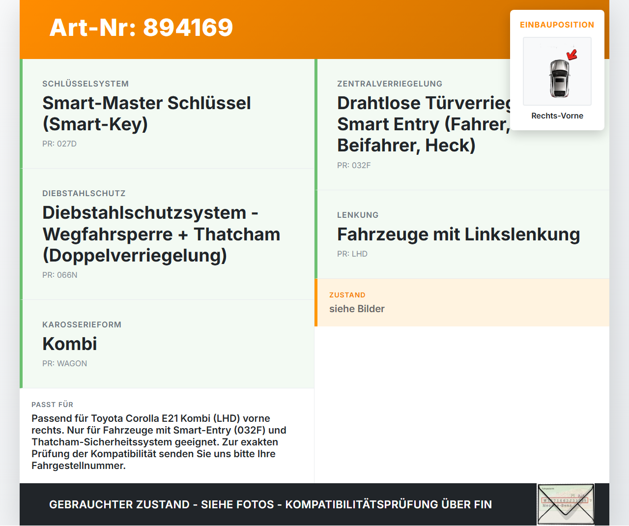 Toyota Corolla E21 18-23 Kombi Türschloss m. ZV Stellmotor Rechts Vorne Toyota Corolla E21 18-23 01.09.2019... Vorschau 3