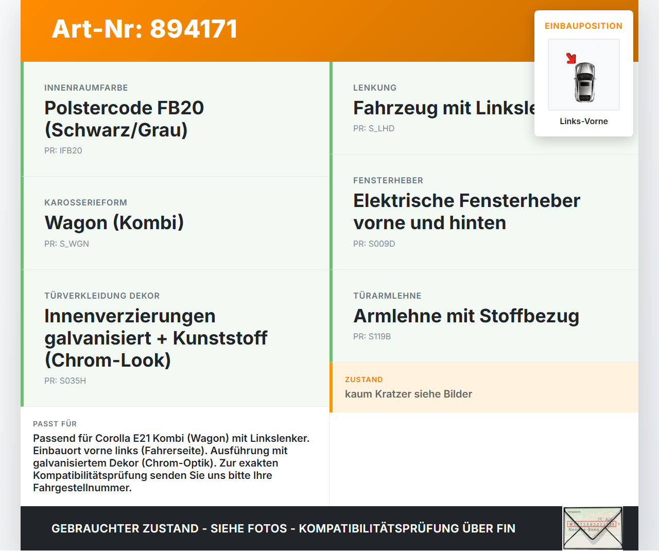 Toyota Corolla E21 18-23 Kombi Türgriff Griff Griffmuschel Innen Links Vorne Toyota Corolla E21 18-23 01.09.2019... Vorschau 3