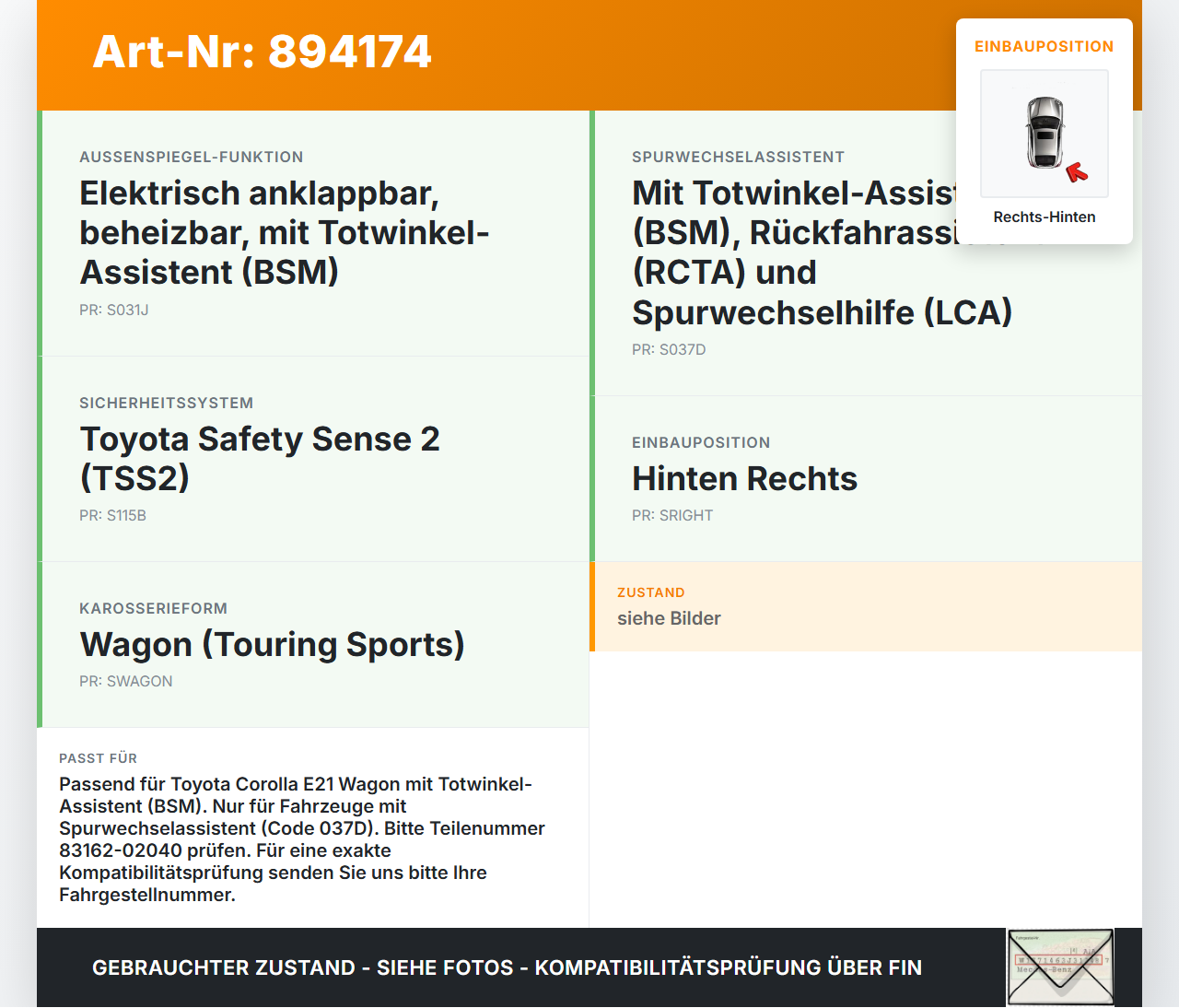 Toyota Corolla E21 18-23 Hybrid 2,0 135KW Sensor Totwinkelassistent Rechts Hinten Toyota Corolla E21 18-23... Vorschau 3