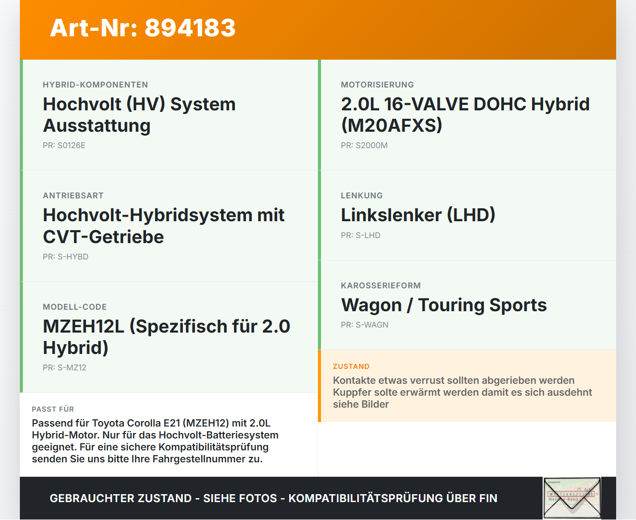 Toyota Corolla E21 18-23 Brücke für Hochvolt Batterie Akku Pos.3 Toyota Corolla E21 18-23 01.09.2019 gebraucht Vorschau 3