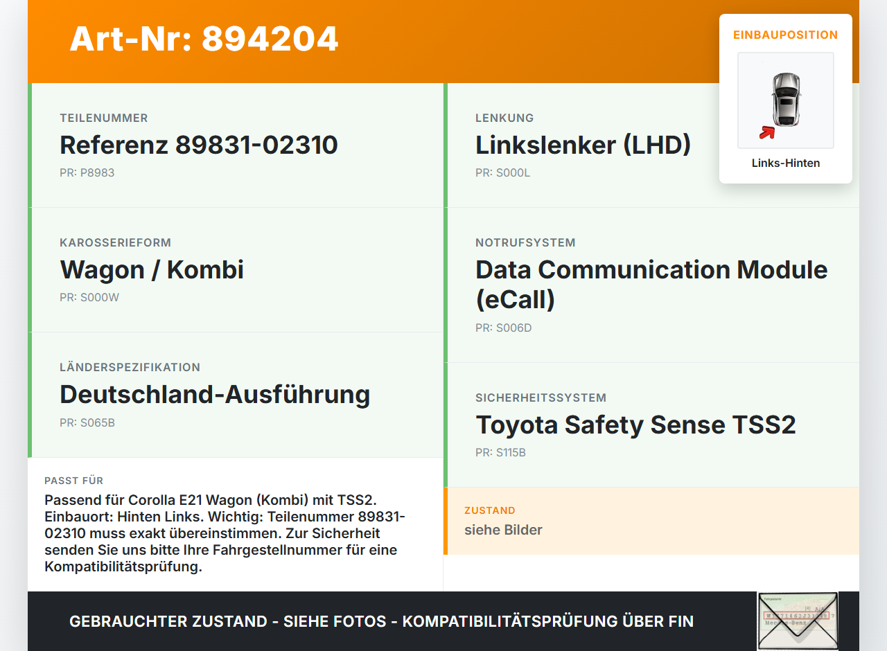 Toyota Corolla E21 18-23 Airbagsensor Crashsensor Sensor Links Hinten Toyota Corolla E21 18-23 01.09.2019... Vorschau 3