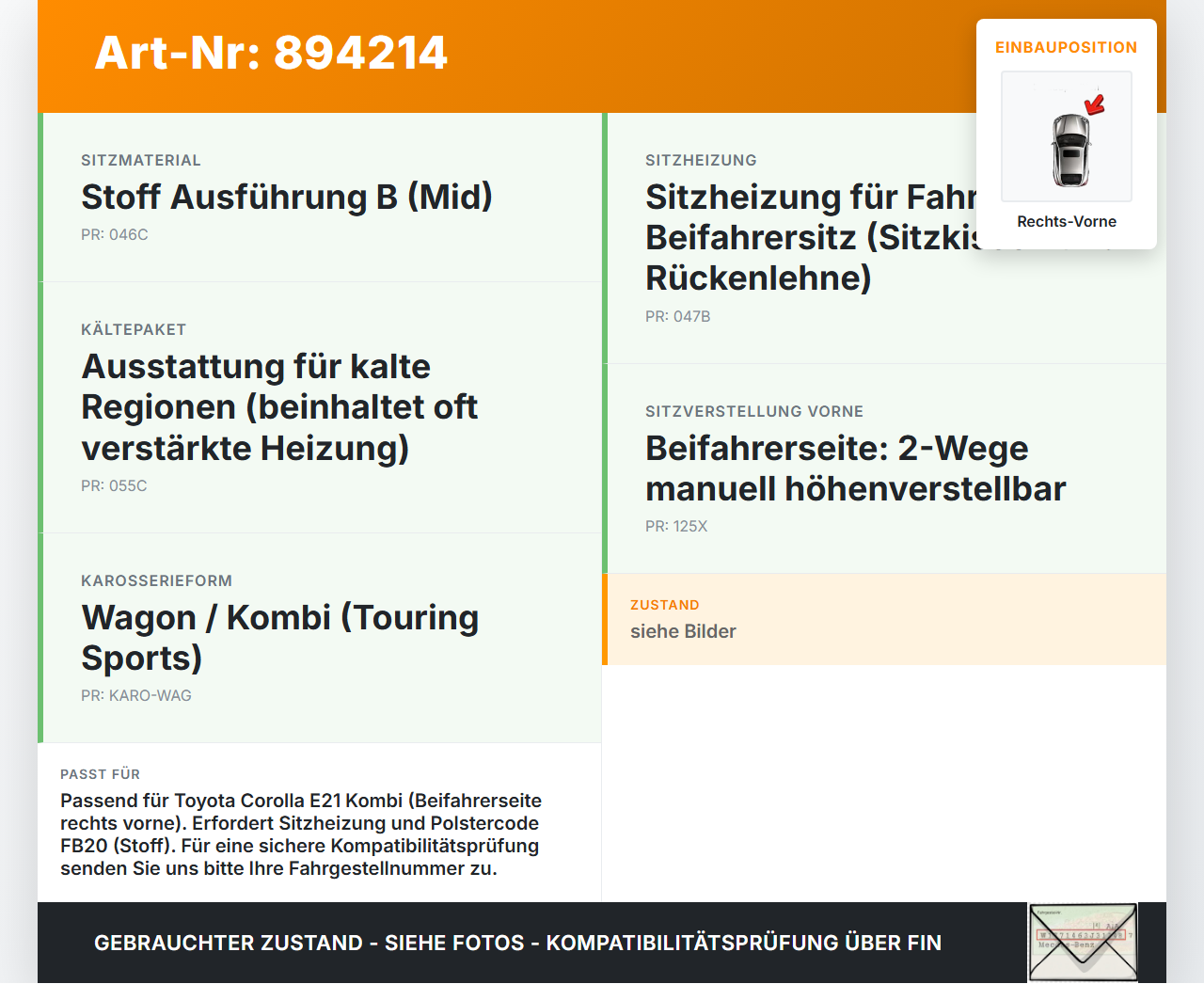 Toyota Corolla E21 18-23 Kombi Sitzbezug Sitzpolster für Beifahrersitz Rechts Vorne beheizt Toyota Corolla E21... Vorschau 3