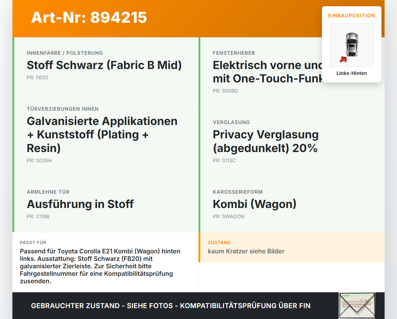 Toyota Corolla E21 18-23 Kombi Türverkleidung Türpappe Links Hinten Toyota Corolla E21 18-23 01.09.2019 gebraucht Vorschau 3