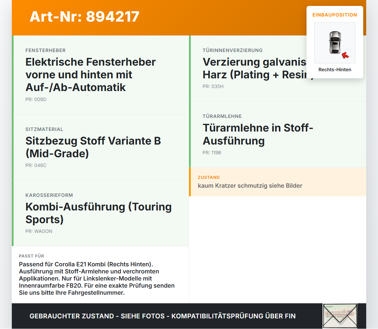 Toyota Corolla E21 18-23 Kombi Türverkleidung Türpappe Rechts Hinten Toyota Corolla E21 18-23 01.09.2019 gebraucht Vorschau 3